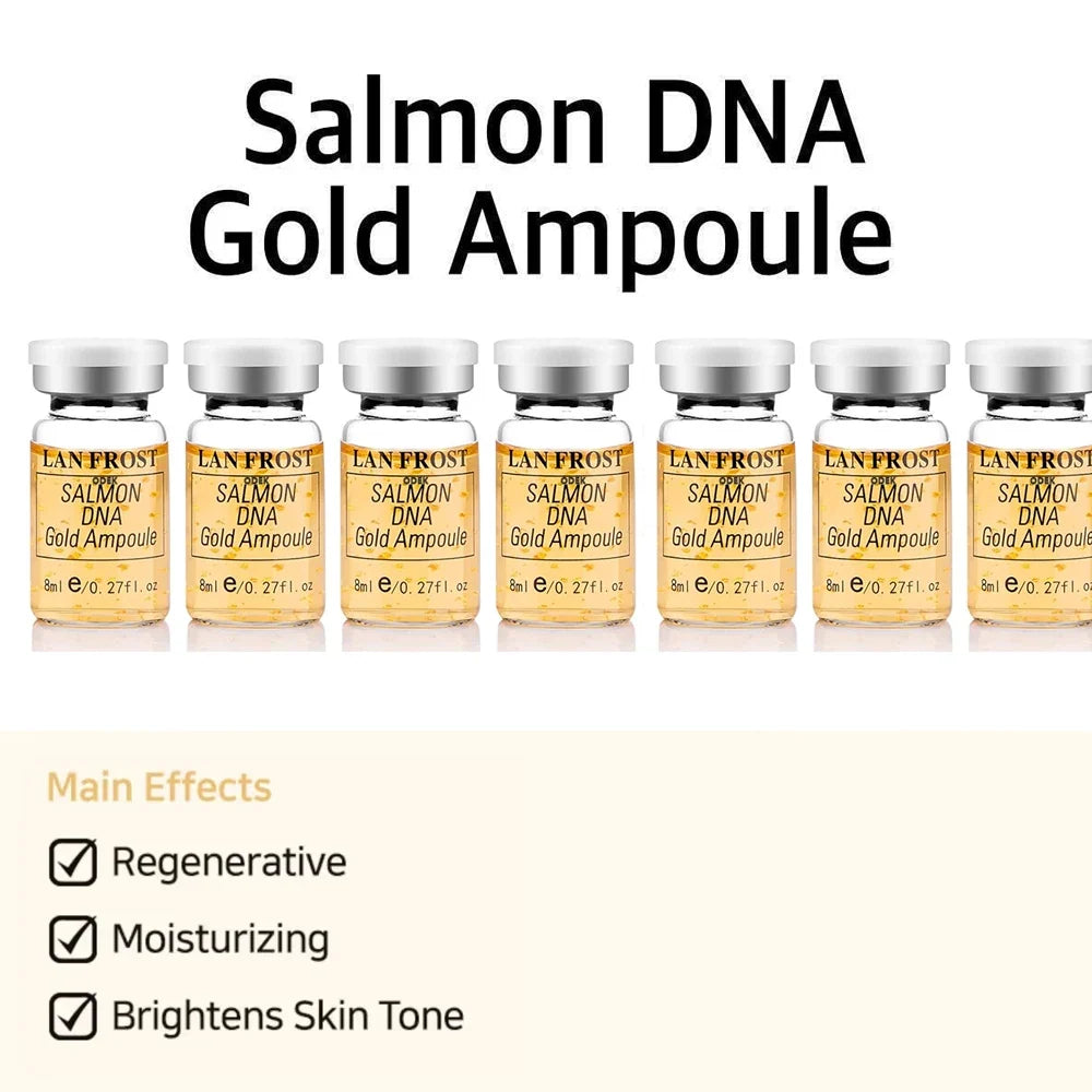 LAN FROST Salmon DNA Gold Ampoule Serum eight 8ml vials with golden liquid and silver caps on Tampa Home & Garden Store