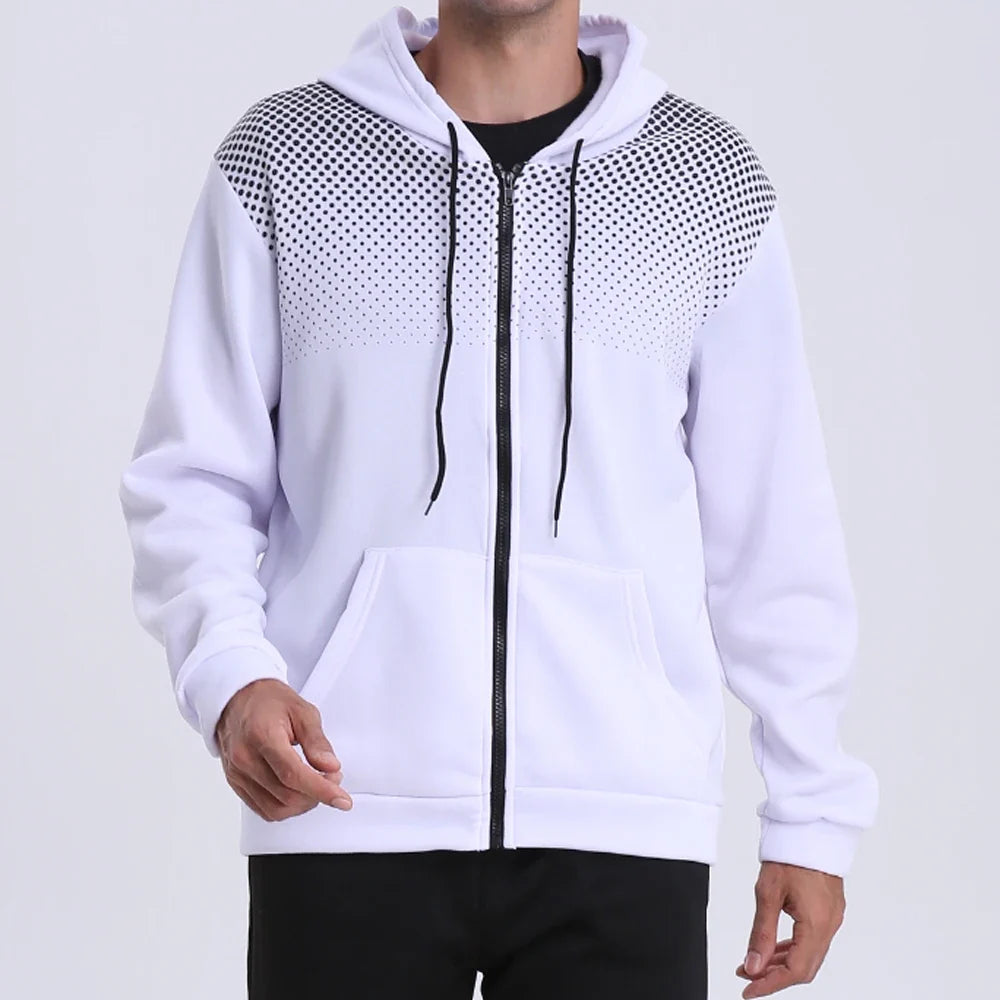 Men's zip-up hoodie white with polka-dot gradient on shoulders front pockets UpTrend Deals on Tampa Home & Garden Store