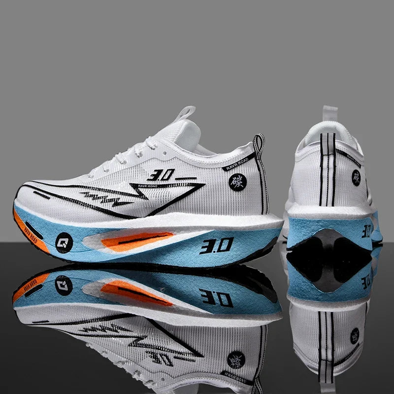 Running Sneakers Cushioned Carbon Board EstaliosFit white mesh with blue-midsole pair on Tampa Home & Garden Store