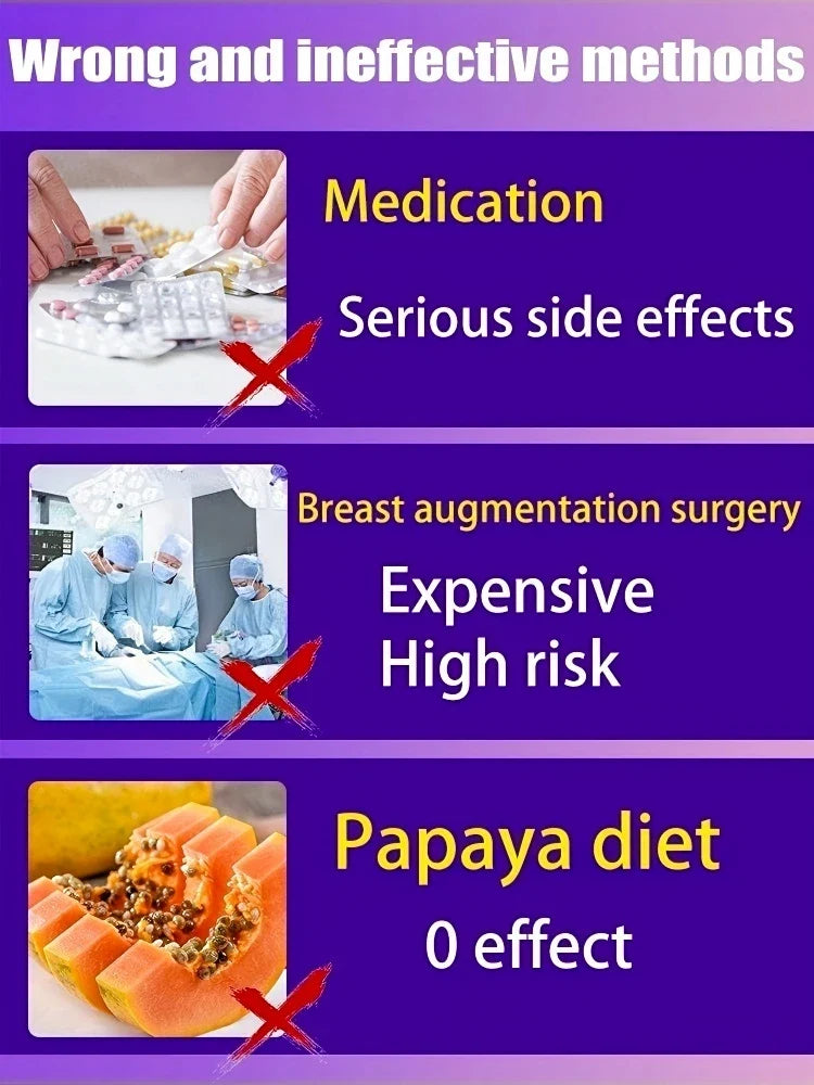 Breast enlargement methods infographic showing pills, surgery, papaya diet with red X marks on Tampa Home & Garden Store