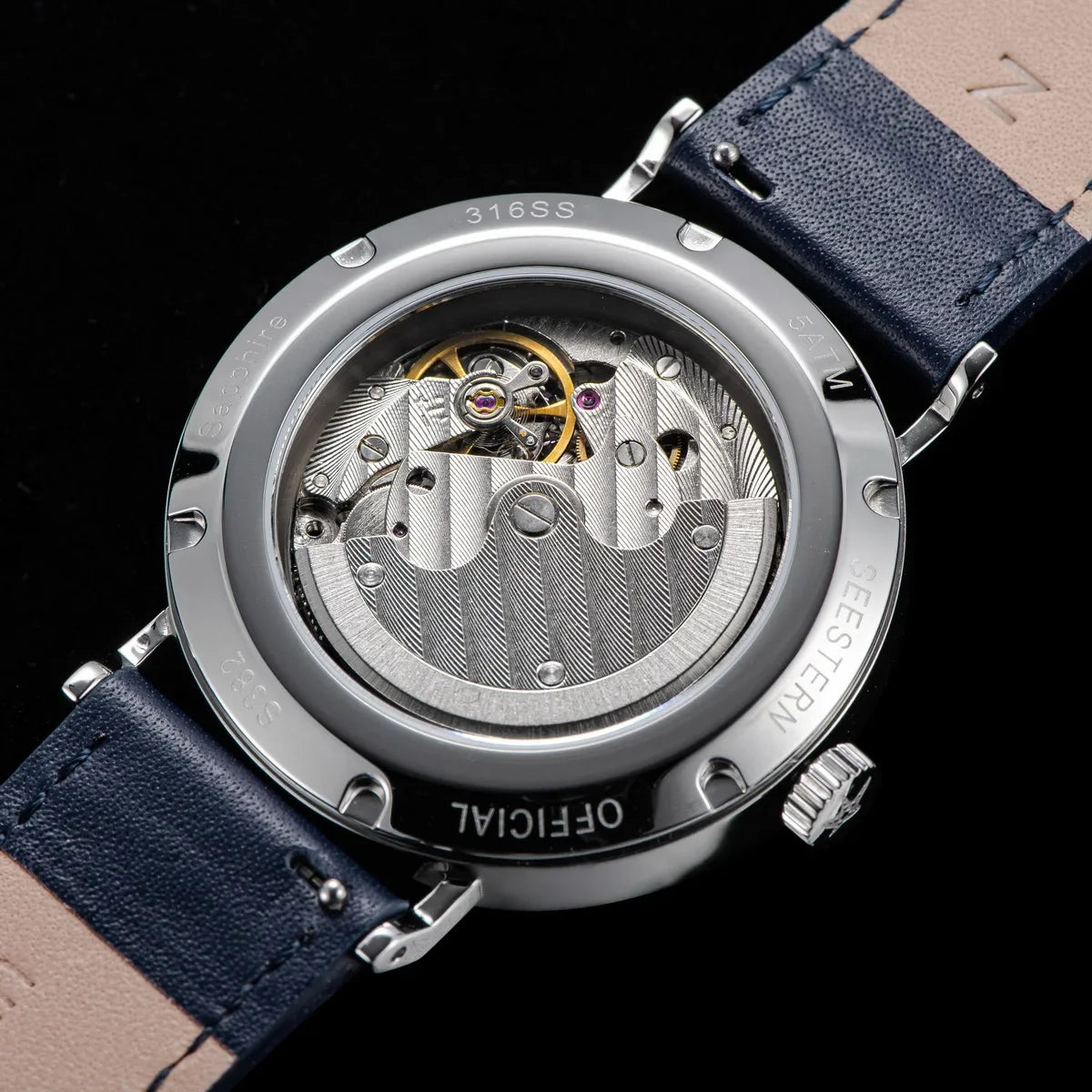 Men's ultra-thin automatic dress watch with stainless steel case and blue leather strap on Tampa Home & Garden Store