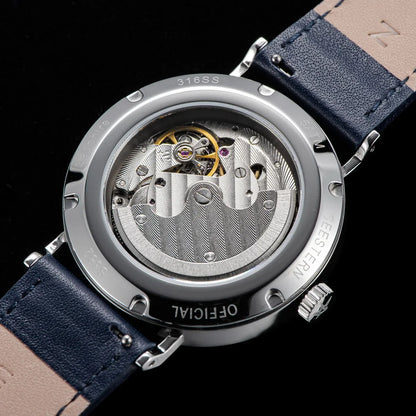 Men's ultra-thin automatic dress watch with stainless steel case and blue leather strap on Tampa Home & Garden Store