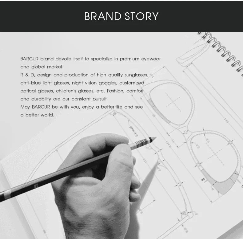 BARCUR sunglasses design sketch; hand drawing over blueprint under Brand Story header on Tampa Home & Garden Store