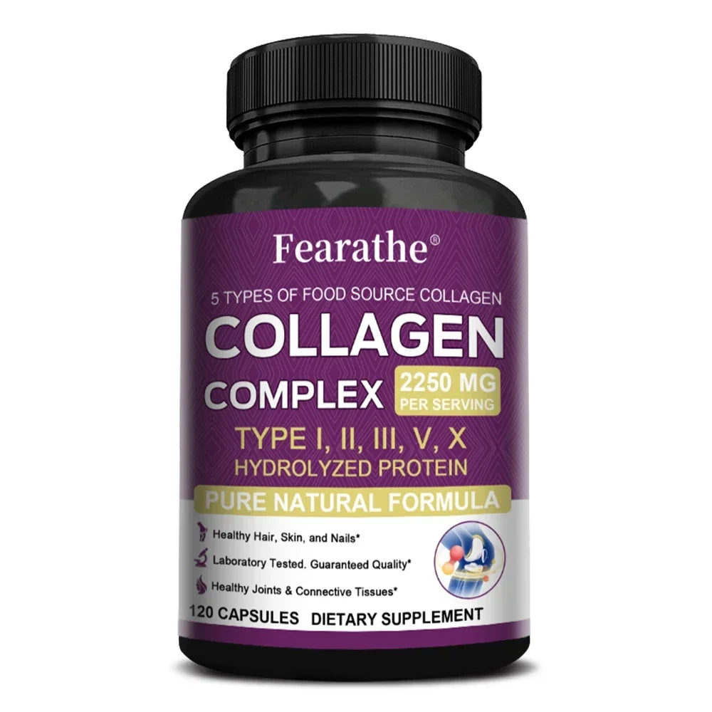 Fearathe Collagen Complex bottle with purple label, hydrolyzed collagen I-X, 2250 mg on Tampa Home & Garden Store