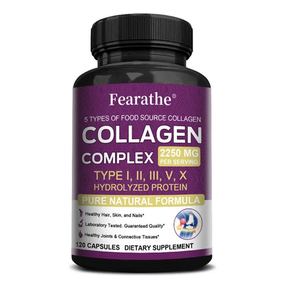 Fearathe Collagen Complex bottle with purple label, hydrolyzed collagen I-X, 2250 mg on Tampa Home & Garden Store