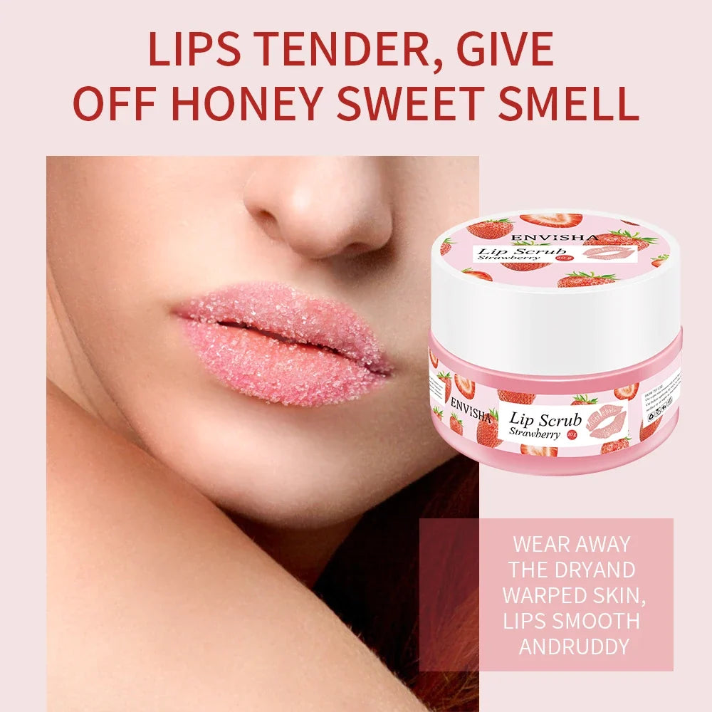 ENVISHA Strawberry Lip Scrub jar with print; lips coated in pink sugar scrub by Silcy Skin on Tampa Home & Garden Store