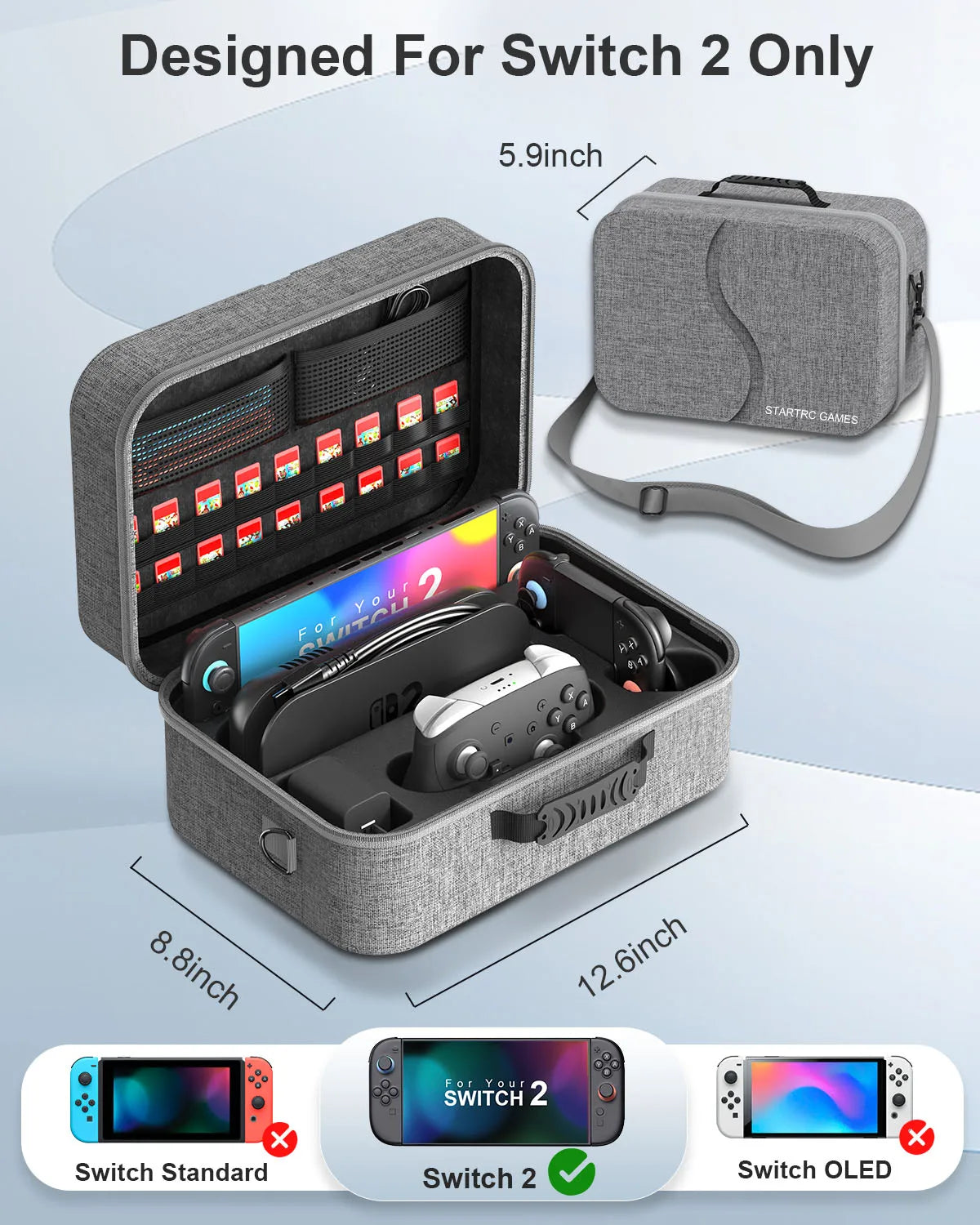 Gray hard-shell Switch 2 travel case with Pro Controller pocket and 18-game cards, FLIPSTYLEZLLC on Tampa Home & Garden Store
