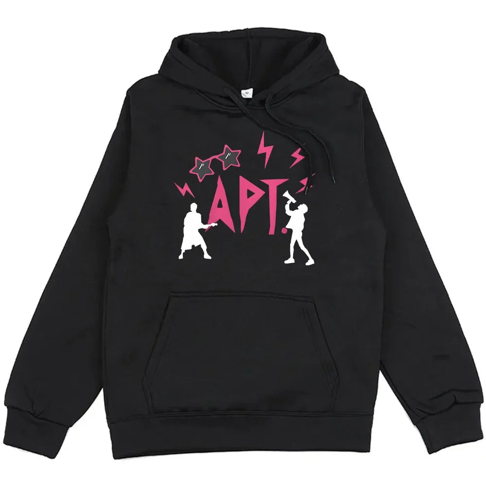 Unisex APT Rose & Bruno Mars Hoodie, black with pink APT logo and white silhouettes on Tampa Home & Garden Store