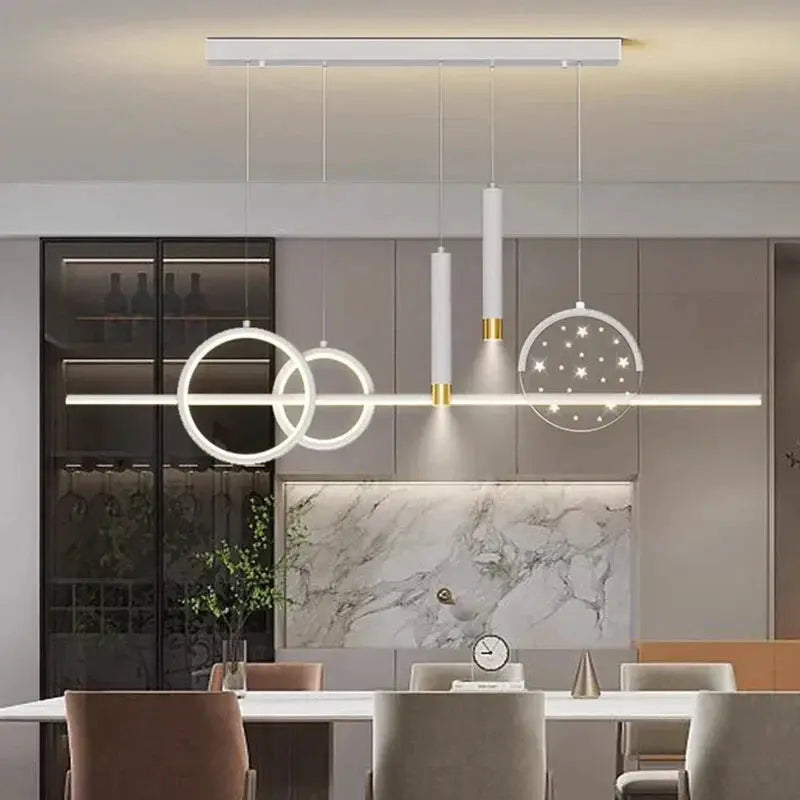 DecorBites LED pendant chandelier with rings, starry panel, and white pendants on Tampa Home & Garden Store