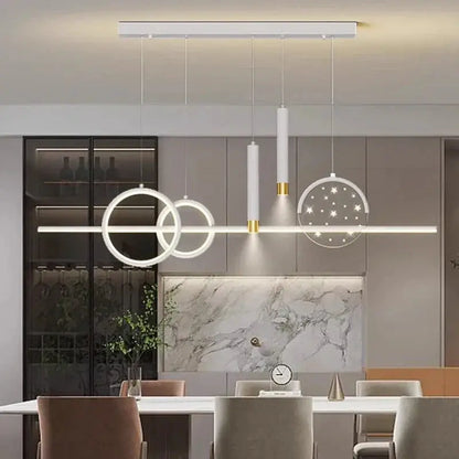 DecorBites LED pendant chandelier with rings, starry panel, and white pendants on Tampa Home & Garden Store