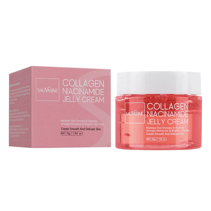 Collagen Niacinamide Jelly Cream jar pink with white lid Silcy Skin beside pink box on Tampa Home & Garden Store