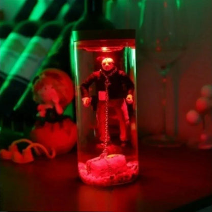 Jason Voorhees water lantern by Perfecsy with red glow inside clear cylinder horror decor on Tampa Home & Garden Store