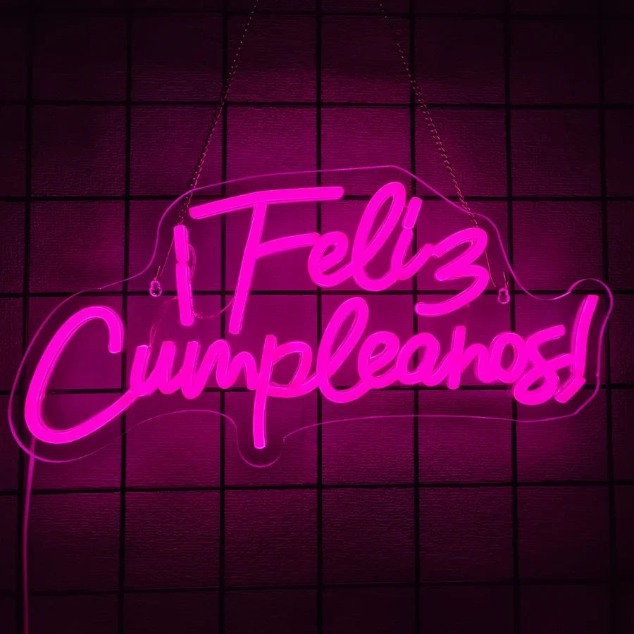 Pink birthday neon sign USB powered LED wall decor Feliz Cumpleaños bright pink glow on Tampa Home & Garden Store