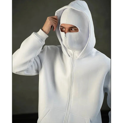 Men's balaclava zip hoodie white with built-in face mask, UpTrend Deals hooded jacket on Tampa Home & Garden Store
