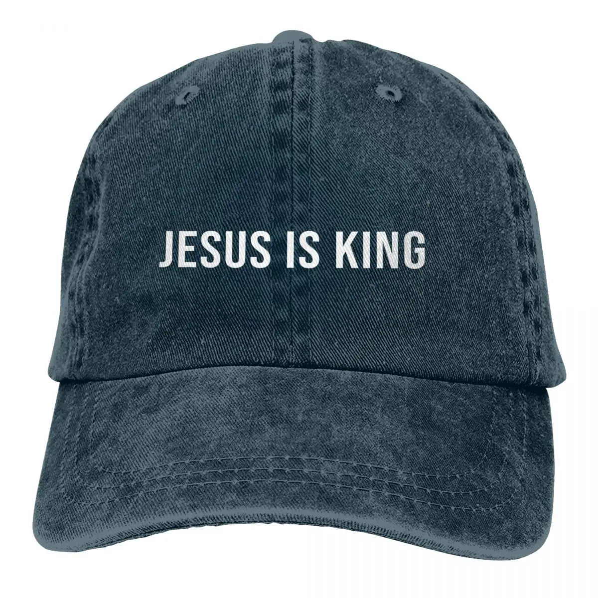 King Caps hat in washed blue denim with white JESUS IS KING text on front on Tampa Home & Garden Store