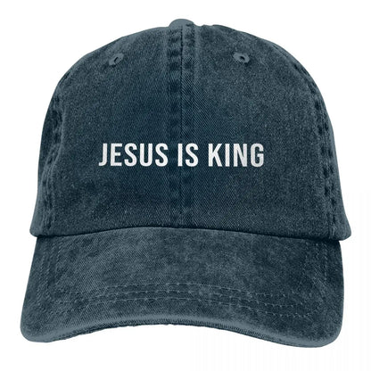 King Caps hat in washed blue denim with white JESUS IS KING text on front on Tampa Home & Garden Store