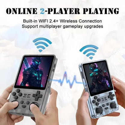 Mini R36S retro handheld game console, 2 devices, gray and blue, 2-player wireless gaming on Tampa Home & Garden Store