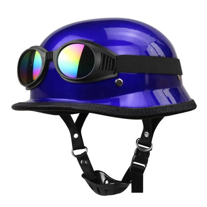 DOT Certification Half Helmet with glossy blue shell and retro mirrored goggles on Tampa Home & Garden Store