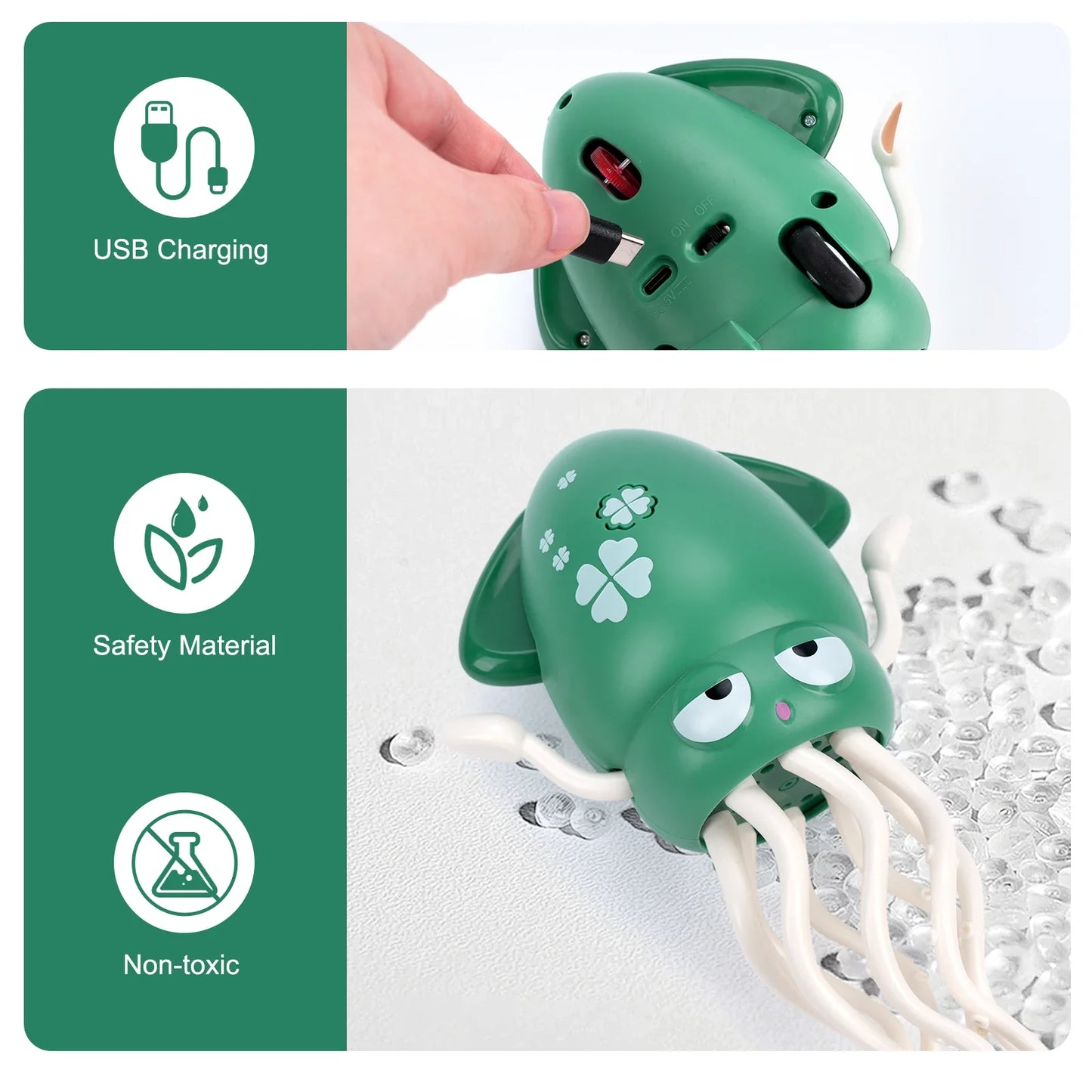 Perfecsy green electronic dancing squid toy with USB charging for toddler tummy time on Tampa Home & Garden Store