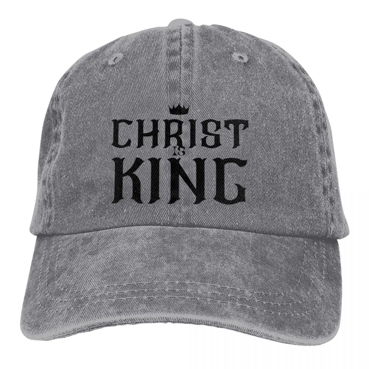 King Caps gray distressed baseball cap with CHRIST IS KING text and crown icon on Tampa Home & Garden Store