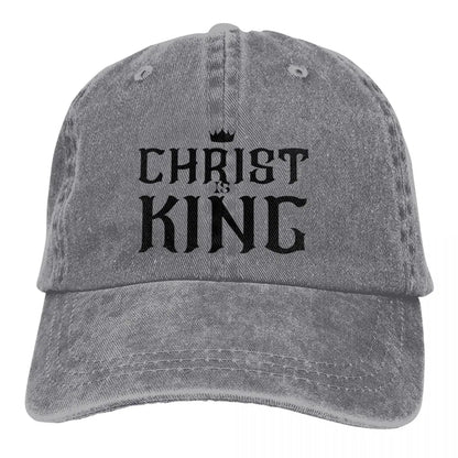 King Caps gray distressed baseball cap with CHRIST IS KING text and crown icon on Tampa Home & Garden Store