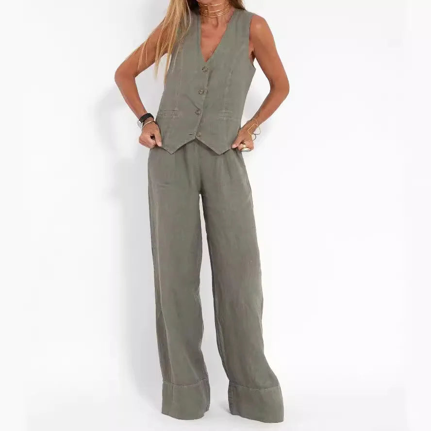 Women’s olive sleeveless vest and matching wide-leg pants suit, button-front vest by UpTrend Deals on Tampa Home & Garden Store