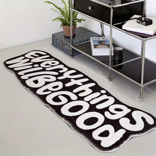 VIKAMA Everything Will Be Good rug runner, black with bold white script for living spaces on Tampa Home & Garden Store