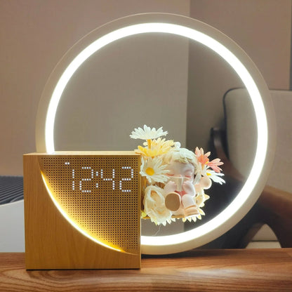 Perfecsy ring light bedside alarm clock lamp with wooden base and visible digital display on Tampa Home & Garden Store