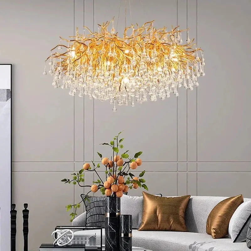 DecorBites LED pendant chandelier with gold branch and crystal drops for modern living rooms on Tampa Home & Garden Store
