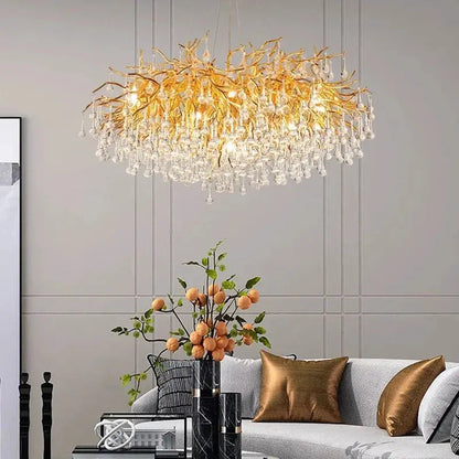 DecorBites LED pendant chandelier with gold branch and crystal drops for modern living rooms on Tampa Home & Garden Store