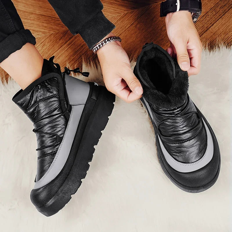 Mens Winter Ankle Boots UpTrend Deals, pair, black with gray panel, faux fur lining on Tampa Home & Garden Store