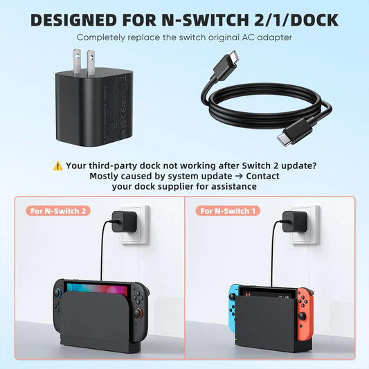 AC power adapter for Switch 2/1 with USB-C cable, 60W, EU/US/UK/AU plug, FLIPSTYLEZLLC on Tampa Home & Garden Store