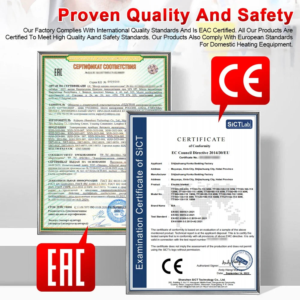 Silcy Skin electric blanket 110V/220V with CE and EAC certificates and logos on Tampa Home & Garden Store
