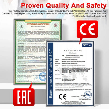 Silcy Skin electric blanket 110V/220V with CE and EAC certificates and logos on Tampa Home & Garden Store