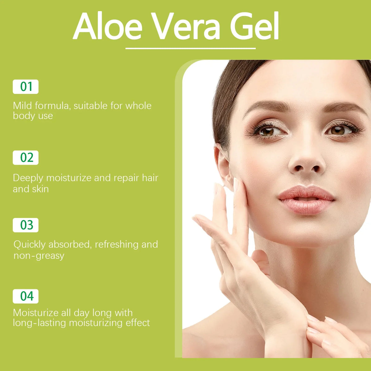 Aloe Vera Gel Silcy Skin infographic on green background showing moisturizing benefits on Tampa Home & Garden Store