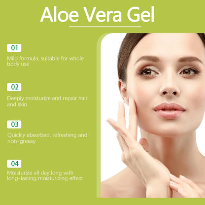 Aloe Vera Gel Silcy Skin infographic on green background showing moisturizing benefits on Tampa Home & Garden Store