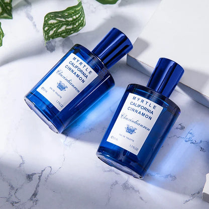 Unisex perfume Myrtle California Cinnamon in blue glass bottles with white labels, 50ml bottles on Tampa Home & Garden Store