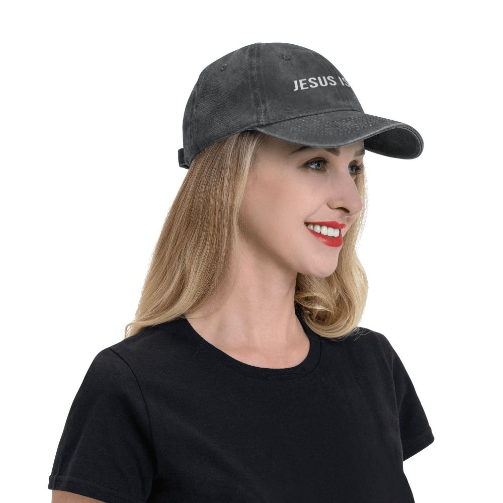 King Caps baseball cap by BikerZoneZ, gray washed cotton with white JESUS IS text on Tampa Home & Garden Store