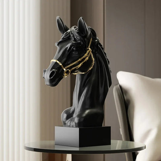 Horse head resin sculpture with gold bridle on a square pedestal, modern home decor piece on Tampa Home & Garden Store