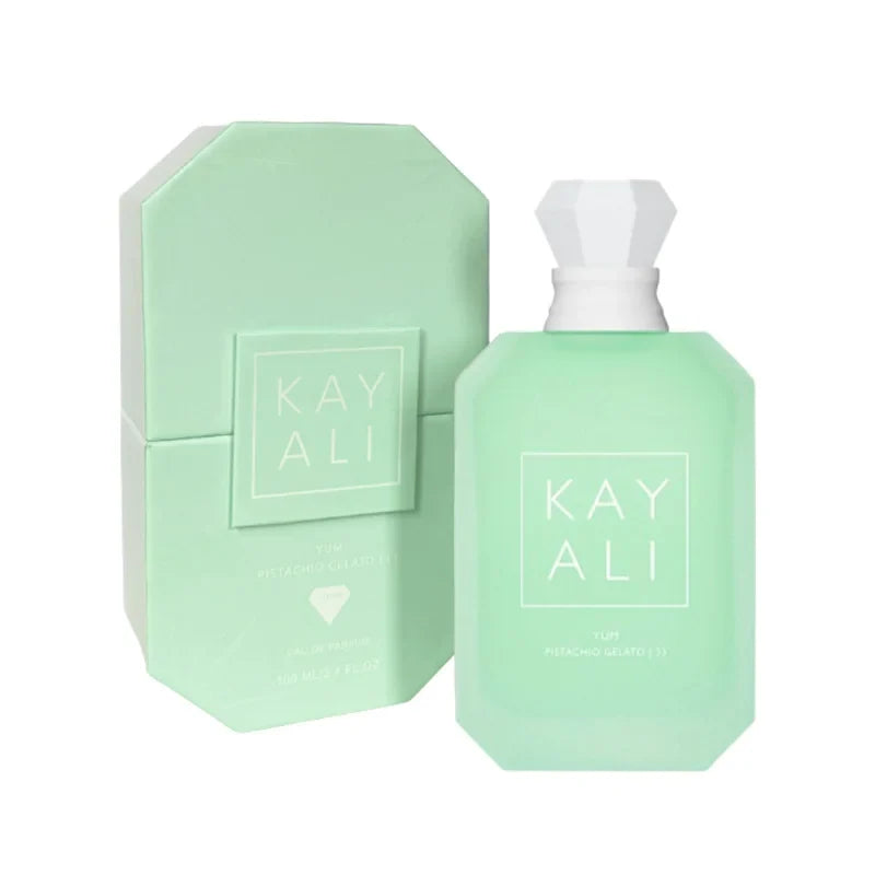 2-piece Kayali 100ml EDP bottle in mint green frosted glass with white cap and box on Tampa Home & Garden Store