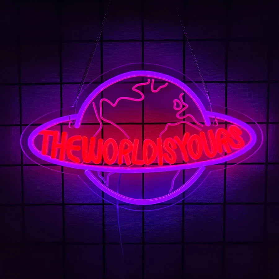 Game Led Neon Sign Perfecsy USB powered wall decor with purple globe outline and red text on Tampa Home & Garden Store