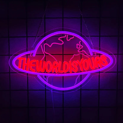 Game Led Neon Sign Perfecsy USB powered wall decor with purple globe outline and red text on Tampa Home & Garden Store