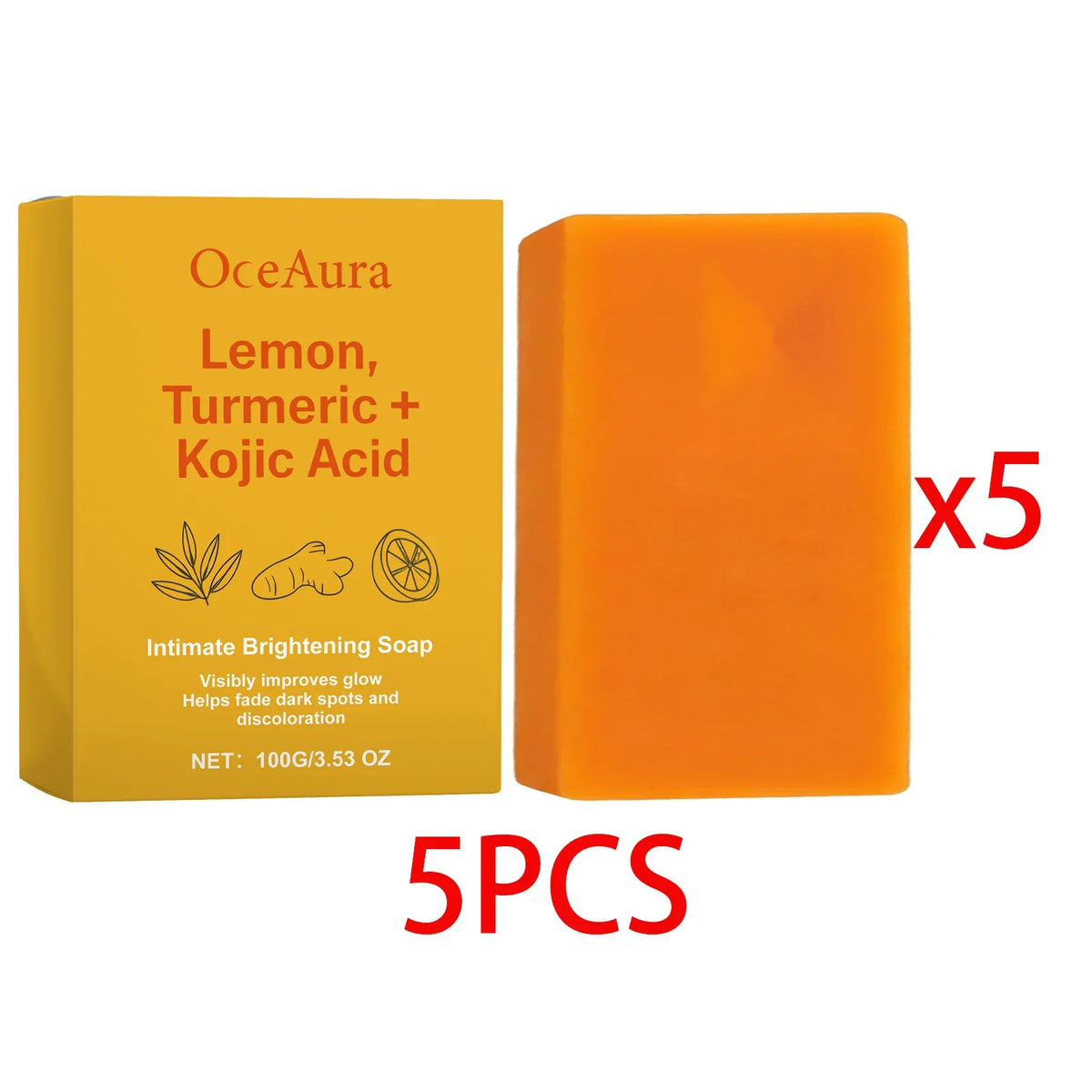 Lemon Turmeric Kojic Acid Soap bar by Silcy Skin, orange soap beside yellow OceAura box, 5 pcs on Tampa Home & Garden Store