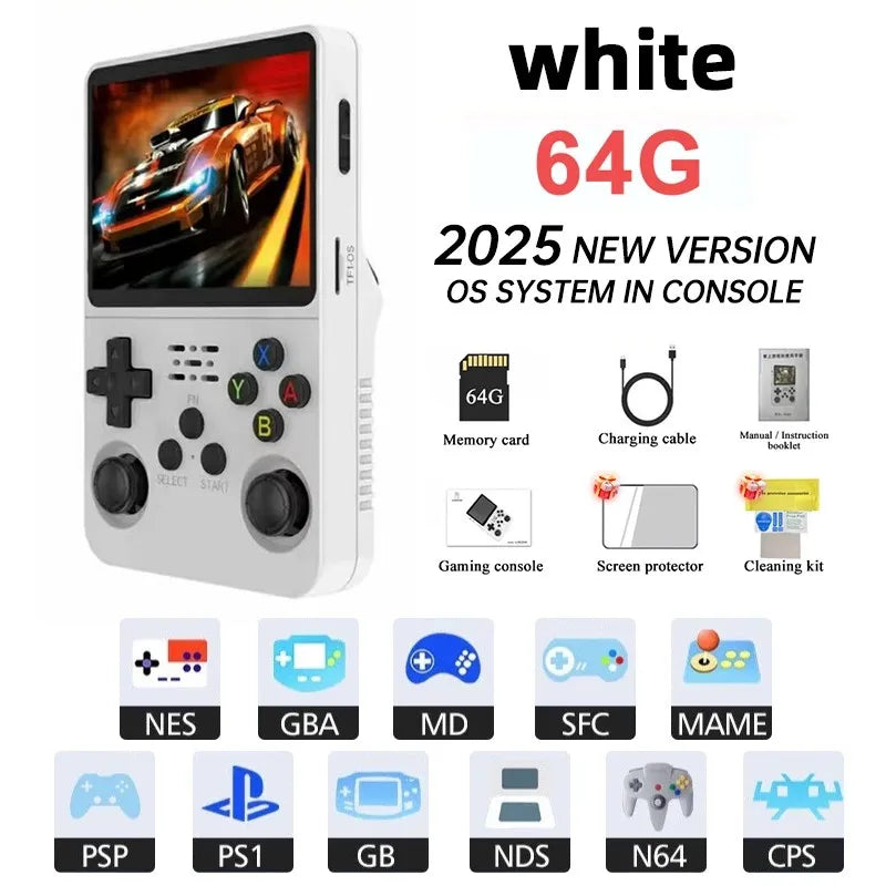 Mini R36S Retro Handheld Console white 64G memory with NES PS1 GBA NDS emulation icons on Tampa Home & Garden Store