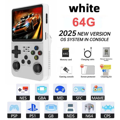Mini R36S Retro Handheld Console white 64G memory with NES PS1 GBA NDS emulation icons on Tampa Home & Garden Store