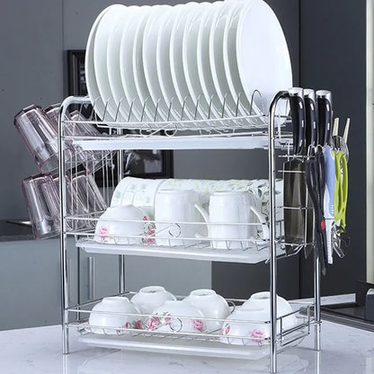 3-Tier Kitchen Drying Rack & Dish Organizer Shelf with Drain Board