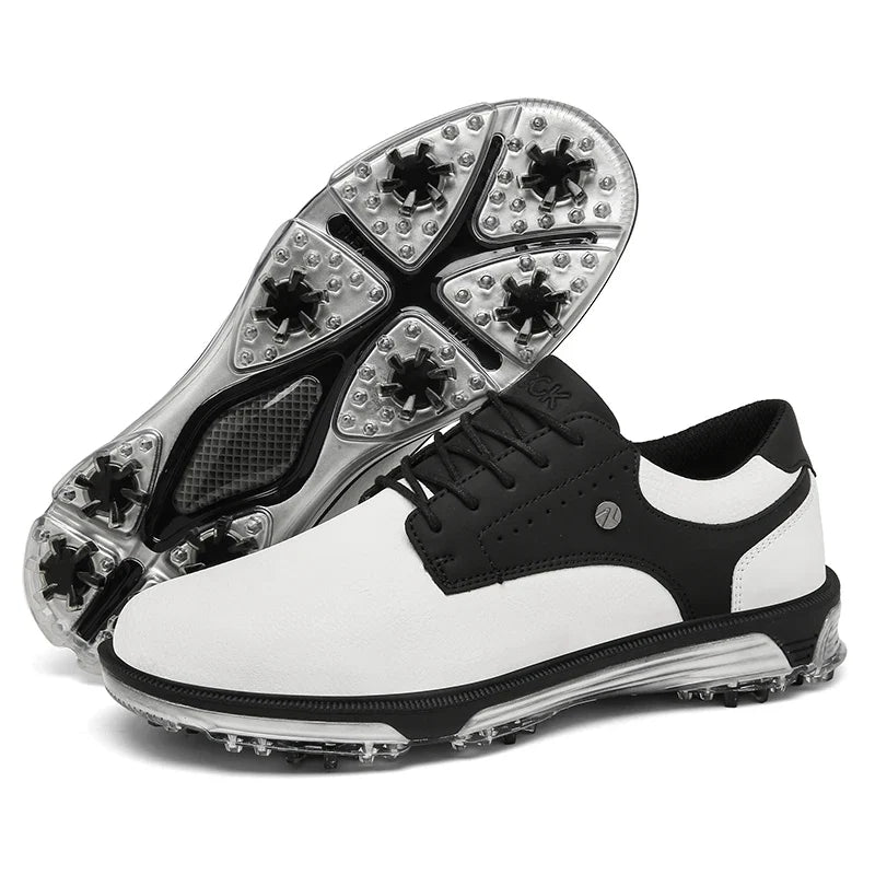 EstaliosFit men's golf shoes white and black waterproof pair with spiked cleat outsole on Tampa Home & Garden Store