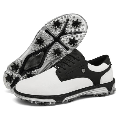 EstaliosFit men's golf shoes white and black waterproof pair with spiked cleat outsole on Tampa Home & Garden Store
