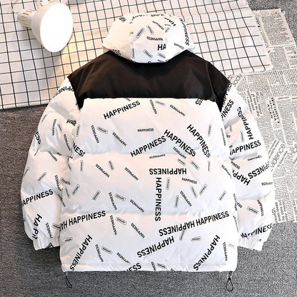Men's white cotton-padded hooded parka with black yoke and bold happiness print UpTrend on Tampa Home & Garden Store