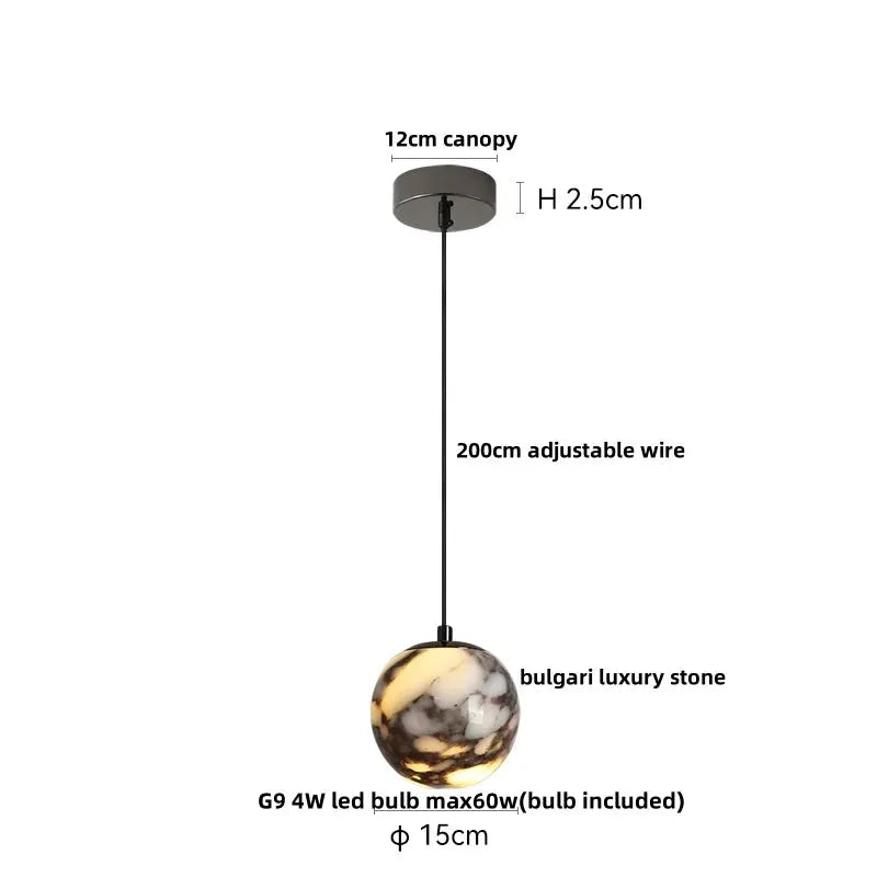 DecorBites LED pendant lamp with adjustable black cord and Bulgari luxury stone globe on Tampa Home & Garden Store